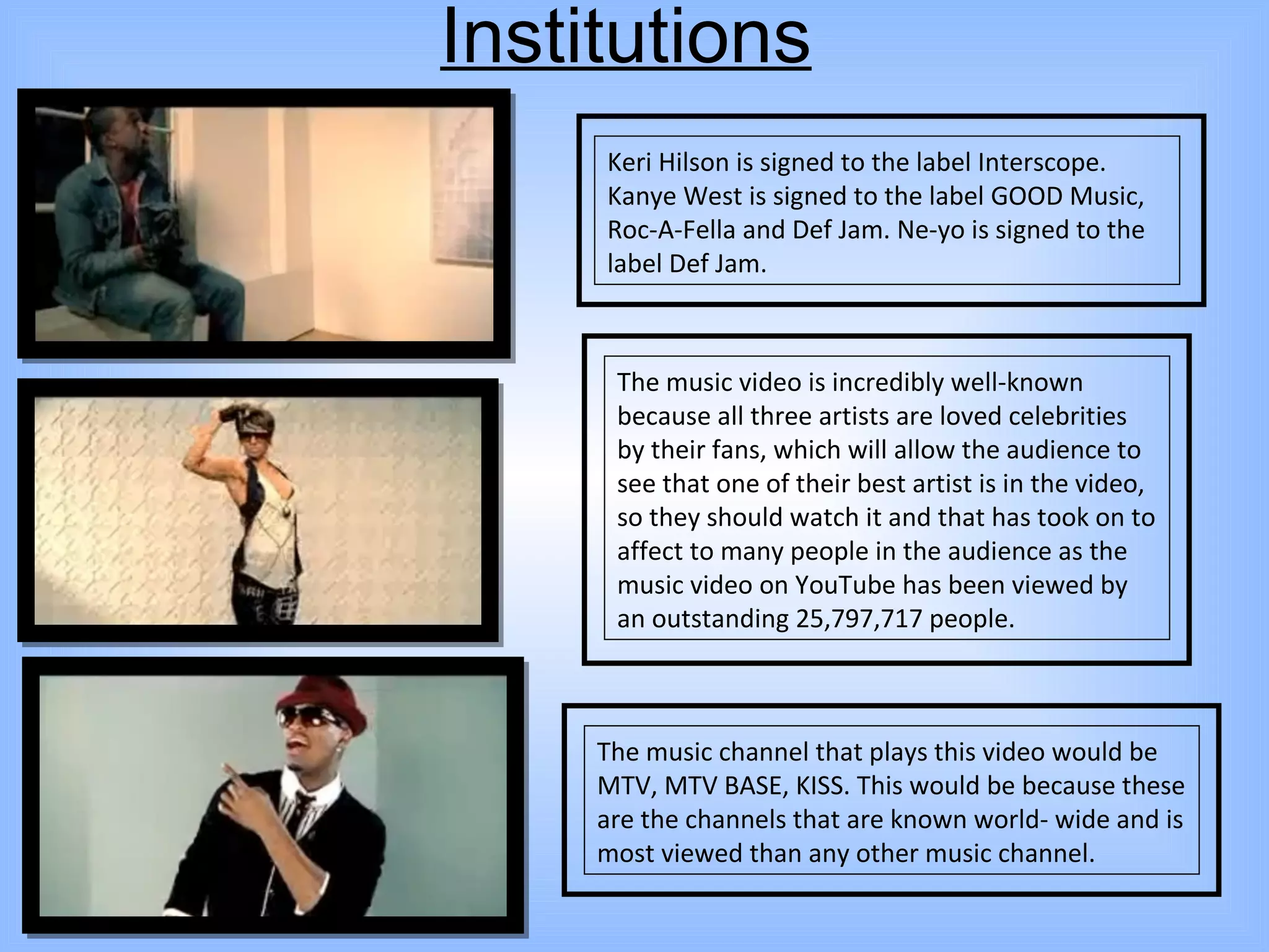 Institutions Keri Hilson is signed to the label Interscope. Kanye West is signed to the label GOOD Music, Roc-A-Fella and Def Jam. Ne-yo is signed to the label Def Jam. The music video is incredibly well-known because all three artists are loved celebrities by their fans, which will allow the audience to see that one of their best artist is in the video, so they should watch it and that has took on to affect to many people in the audience as the music video on YouTube has been viewed by an outstanding 25,797,717 people.  The music channel that plays this video would be MTV, MTV BASE, KISS. This would be because these are the channels that are known world- wide and is most viewed than any other music channel. 