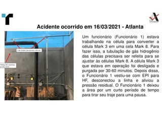 Acidente ocorrido em 16/03/2021 - Atlanta
Line broken and pressure relieved
Tubing fell, knocking
powder down
Um funcionário (Funcionário 1) estava
trabalhando na célula para converter a
célula Mark 3 em uma cela Mark 8. Para
fazer isso, a tubulação de gás hidrogênio
das células precisava ser refeita para se
ajustar às células Mark 8. A célula Mark 3
que estava em operação foi desligada e
purgada por 30-60 minutos. Depois disso,
o Funcionário 1 vestiu-se com EPI para
HF, desconectou a linha e aliviou a
pressão residual. O Funcionário 1 deixou
a área por um curto período de tempo
para tirar seu traje para uma pausa.
 