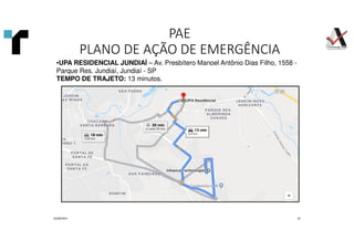 01/09/2021 32
•UPA RESIDENCIAL JUNDIAÍ – Av. Presbítero Manoel Antônio Dias Filho, 1558 -
Parque Res. Jundiaí, Jundiaí - SP
TEMPO DE TRAJETO: 13 minutos.
PAE
PLANO DE AÇÃO DE EMERGÊNCIA
 
