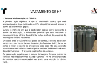 VAZAMENTO DE HF
VAZAMENTO DE HF
VAZAMENTO DE HF
VAZAMENTO DE HF
• Durante Movimentação do Cilindro:
A primeira ação esperada é que o colaborador backup que está
acompanhando a troca (utilizando os EPIs obrigatórios) deverá acionar o
alarme de abandono do galpão.
Durante o momento em que o colaborador backup estiver acionando o
alarme de evacuação, o colaborador principal que está realizando o
manuseamento do cilindro. Deverá tentar fechar a válvula de segurança do
mesmo para conter o vazamento.
Em casos onde o vazamento não possa ser contido, o cilindro deverá ser
transportado para dentro da área de contenção (Container de F2), fechar as
portas e iniciar o sistema de emergência, esse caso não seja acionado
manualmente será iniciado à medida que os sensores detectarem o excesso
de Ácido Fluorídrico - HF presente na atmosfera do container.
Os gases serão sugados para o sistema de lavagem. Somente quando os
sensores não detectarem mais o Ácido Fluorídrico - HF na atmosfera selada
do container que o mesmo poderá ser aberto para remoção do cilindro
vazio.
 