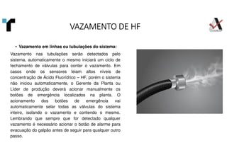 VAZAMENTO DE HF
VAZAMENTO DE HF
VAZAMENTO DE HF
VAZAMENTO DE HF
• Vazamento em linhas ou tubulações do sistema:
Vazamento nas tubulações serão detectados pelo
sistema, automaticamente o mesmo iniciará um ciclo de
fechamento de válvulas para conter o vazamento. Em
casos onde os sensores leiam altos níveis de
concentração de Ácido Fluorídrico – HF, porém o sistema
não iniciou automaticamente, o Gerente da Planta ou
Líder de produção deverá acionar manualmente os
botões de emergência localizados na planta. O
acionamento dos botões de emergência vai
automaticamente selar todas as válvulas do sistema
inteiro, isolando o vazamento e contendo o mesmo.
Lembrando que sempre que for detectado qualquer
vazamento é necessário acionar o botão de alarme para
evacuação do galpão antes de seguir para qualquer outro
passo.
 