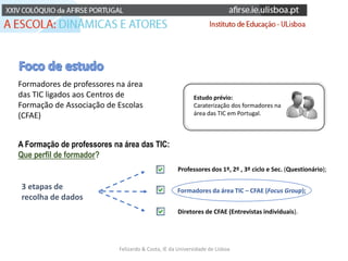 A Formação de professores na área das TIC:
Que perfil de formador?
Formadores da área TIC – CFAE (Focus Group);
Professore...