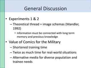 General Discussion
• Experiments 1 & 2
  – Theoretical thread = image schemas (Mandler,
    1992)
     • Information must be connected with long term
       memory and previous knowledge
• Value of Comics for the Military
  – Shortened training time
  – Twice as much time for real-world situations
  – Alternative media for diverse population and
    trainee needs
 