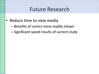 Future Research
• Reduce time to view media
  – Benefits of comics more readily shown
  – Significant speed results of current study
 