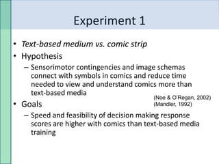 Experiment 1
• Text-based medium vs. comic strip
• Hypothesis
  – Sensorimotor contingencies and image schemas
    connect with symbols in comics and reduce time
    needed to view and understand comics more than
    text-based media
                                         (Noe & O’Regan, 2002)
• Goals                                  (Mandler, 1992)

  – Speed and feasibility of decision making response
    scores are higher with comics than text-based media
    training
 