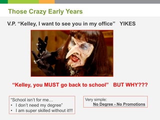 Those Crazy Early Years 
V.P. “Kelley, I want to see you in my office” YIKES 
“Kelley, you MUST go back to school” BUT WHY...