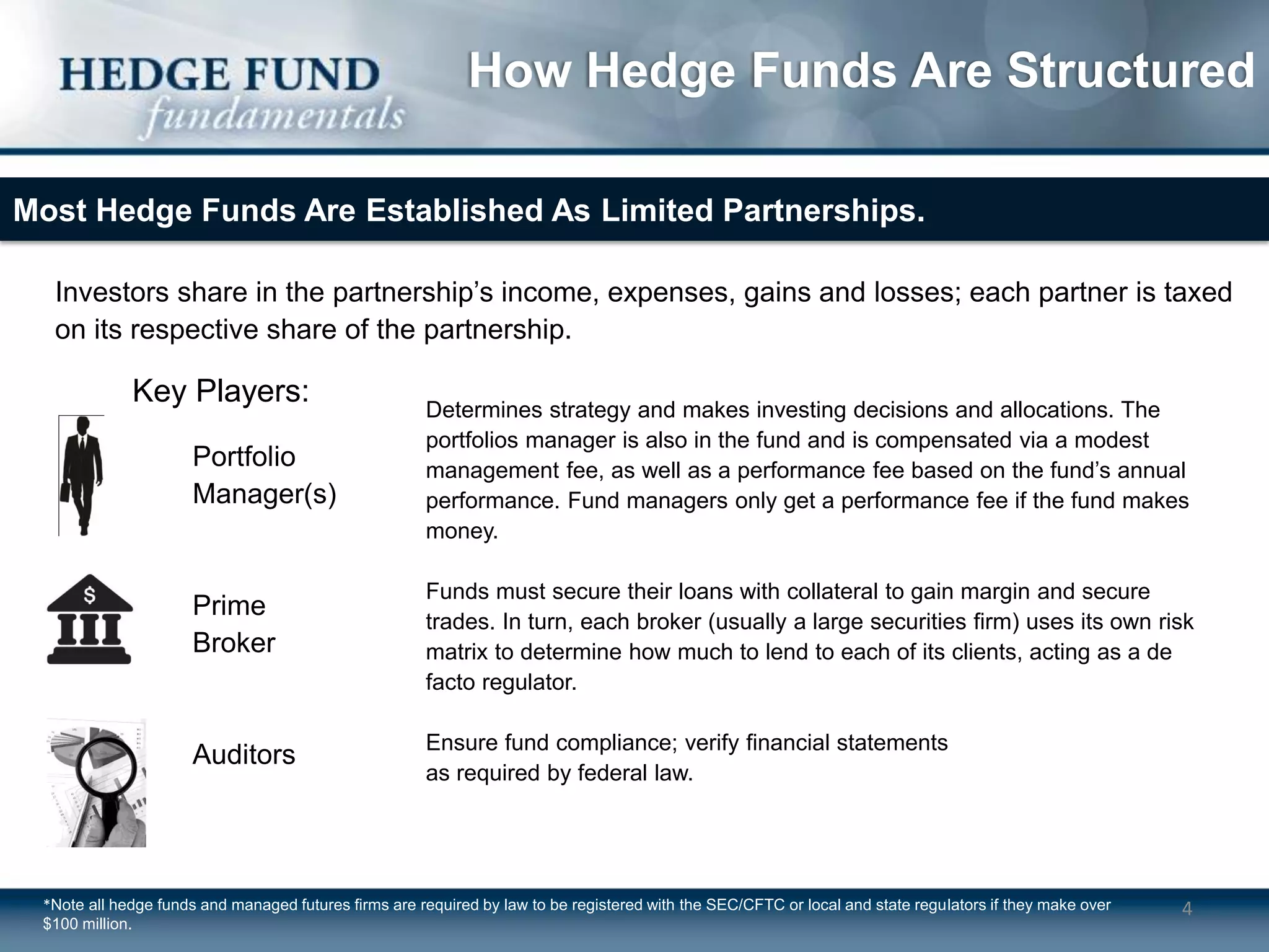 How Hedge Funds Are Structured

Most Hedge Funds Are Established As Limited Partnerships.

  Investors share in the partnership’s income, expenses, gains and losses; each partner is taxed
  on its respective share of the partnership.

             Key Players:                             Determines strategy and makes investing decisions and allocations. The
                                                      portfolios manager is also in the fund and is compensated via a modest
                      Portfolio                       management fee, as well as a performance fee based on the fund’s annual
                      Manager(s)                      performance. Fund managers only get a performance fee if the fund makes
                                                      money.

                                                      Funds must secure their loans with collateral to gain margin and secure
                      Prime
                                                      trades. In turn, each broker (usually a large securities firm) uses its own risk
                      Broker                          matrix to determine how much to lend to each of its clients, acting as a de
                                                      facto regulator.

                                                      Ensure fund compliance; verify financial statements
                      Auditors
                                                      as required by federal law.




 *Note all hedge funds and managed futures firms are required by law to be registered with the SEC/CFTC or local and state regulators if they make over   4
 $100 million.
 