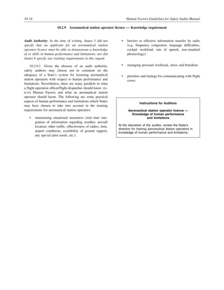 10-14 Human Factors Guidelines for Safety Audits Manual
10.2.9 Aeronautical station operator licence — Knowledge requirement
Audit Authority: At the time of writing, Annex 1 did not
specify that an applicant for an aeronautical station
operator licence must be able to demonstrate a knowledge
of or skills in human performance and limitations, nor did
Annex 6 specify any training requirements in this regard.
10.2.9.1 Given the absence of an audit authority,
safety auditors may choose not to comment on the
adequacy of a State’s system for licensing aeronautical
station operators with respect to human performance and
limitations. Nevertheless, there are many parallels in what
a flight operation officer/flight dispatcher should know vis-
à-vis Human Factors and what an aeronautical station
operator should know. The following are some practical
aspects of human performance and limitations which States
may have chosen to take into account in the training
requirements for aeronautical station operators:
• maintaining situational awareness (real time inte-
gration of information regarding weather, aircraft
location, other traffic, effectiveness of radios, time,
airport conditions, availability of ground support,
any special pilot needs, etc.);
• barriers to effective information transfer by radio
(e.g. frequency congestion, language difficulties,
cockpit workload, rate of speech, non-standard
phraseology);
• managing personal workload, stress and boredom;
• priorities and timings for communicating with flight
crews.
Instructions for Auditors
Aeronautical station operator licence —
Knowledge of human performance
and limitations
At the discretion of the auditor, review the State’s
direction for training aeronautical station operators in
knowledge of human performance and limitations.
 