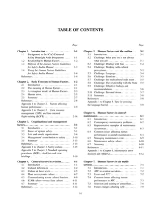(v)
TABLE OF CONTENTS
Page Page
Chapter 1. Introduction . . . . . . . . . . . . . . . . . . . 1-1
1.1 Background to the ICAO Universal
Safety Oversight Audit Programme . . . . 1-1
1.2 Relationship to Human Factors . . . . . . . . 1-2
1.3 Purpose of the Human Factors Guidelines
for Safety Audits Manual. . . . . . . . . . . . . 1-3
1.4 Using the Human Factors Guidelines
for Safety Audits Manual. . . . . . . . . . . . . 1-4
References. . . . . . . . . . . . . . . . . . . . . . . . . . . . . . 1-4
Chapter 2. Basic Concepts in Human Factors. 1-2
2.1 Introduction . . . . . . . . . . . . . . . . . . . . . . . 2-1
2.2 The meaning of Human Factors . . . . . . . 2-1
2.3 A conceptual model of Human Factors . 2-3
2.4 Human error. . . . . . . . . . . . . . . . . . . . . . . 2-5
2.5 Summary . . . . . . . . . . . . . . . . . . . . . . . . . 2-7
References. . . . . . . . . . . . . . . . . . . . . . . . . . . . . . 2-8
Appendix 1 to Chapter 2. Factors affecting
human performance . . . . . . . . . . . . . . . . . . . . . . 2-9
Appendix 2 to Chapter 2. Crew resource
management (CRM) and line-oriented
flight training (LOFT) . . . . . . . . . . . . . . . . . . . . 2-16
Chapter 3. Organizational and management
factors. . . . . . . . . . . . . . . . . . . . . . . . . . . . . . . . . . . . 3-1
3.1 Introduction . . . . . . . . . . . . . . . . . . . . . . . 3-1
3.2 Basics of system safety . . . . . . . . . . . . . . 3-1
3.3 Safe and unsafe organizations . . . . . . . . . 3-6
3.4 Management’s contribution to safety . . . 3-10
3.5 Summary . . . . . . . . . . . . . . . . . . . . . . . . . 3-13
References. . . . . . . . . . . . . . . . . . . . . . . . . . . . . . 3-14
Appendix 1 to Chapter 3. Safety culture. . . . . . 3-15
Appendix 2 to Chapter 3. Standard operating
procedures (SOPs), checklists and crew
briefings . . . . . . . . . . . . . . . . . . . . . . . . . . . . . . . 3-19
Chapter 4. Cultural factors in aviation. . . . . . . 4-1
4.1 Introduction . . . . . . . . . . . . . . . . . . . . . . . 4-1
4.2 Cultural differences . . . . . . . . . . . . . . . . . 4-2
4.3 Culture at three levels . . . . . . . . . . . . . . . 4-5
4.4 More on corporate culture. . . . . . . . . . . . 4-7
4.5 Communicating across cultural barriers . 4-9
4.6 ICAO culture versus client culture . . . . . 4-11
4.7 Summary . . . . . . . . . . . . . . . . . . . . . . . . . 4-11
References. . . . . . . . . . . . . . . . . . . . . . . . . . . . . . 4-12
Chapter 5. Human Factors and the auditor. . . 5-1
5.1 Introduction . . . . . . . . . . . . . . . . . . . . . . . 5-1
5.2 Challenge: What you see is not always
what you get!. . . . . . . . . . . . . . . . . . . . . . 5-1
5.3 Challenge: Dealing with bias . . . . . . . . . 5-2
5.4 Challenge: Working with cultural
perceptions . . . . . . . . . . . . . . . . . . . . . . . . 5-3
5.5 Challenge: Language . . . . . . . . . . . . . . . . 5-4
5.6 Challenge: Emotions . . . . . . . . . . . . . . . . 5-5
5.7 Challenge: the multicultural audit team . 5-5
5.8 Challenge: The relationship with the State 5-5
5.9 Challenge: Effective findings and
recommendations . . . . . . . . . . . . . . . . . . . 5-6
5.10 Challenge: Personal stress. . . . . . . . . . . . 5-7
5.11 Summary . . . . . . . . . . . . . . . . . . . . . . . . . 5-8
References . . . . . . . . . . . . . . . . . . . . . . . . . . . . . 5-8
Appendix 1 to Chapter 5. Tips for crossing
the language barrier . . . . . . . . . . . . . . . . . . . . . . 5-9
Chapter 6. Human Factors in aircraft
maintenance. . . . . . . . . . . . . . . . . . . . . . . . . . . . . . . 6-1
6.1 Introduction . . . . . . . . . . . . . . . . . . . . . . . 6-1
6.2 Contemporary maintenance problems. . . 6-2
6.3 Representative examples of maintenance
occurrences. . . . . . . . . . . . . . . . . . . . . . . . 6-3
6.4 Common issues affecting human
performance in aircraft maintenance. . . . 6-4
6.5 Managing maintenance errors . . . . . . . . . 6-9
6.6 Maintenance safety culture . . . . . . . . . . . 6-10
6.7 Summary . . . . . . . . . . . . . . . . . . . . . . . . . 6-10
References . . . . . . . . . . . . . . . . . . . . . . . . . . . . . 6-11
Appendix 1 to Chapter 6. Maintenance error
decision aid (MEDA). . . . . . . . . . . . . . . . . . . . . 6-12
Chapter 7. Human Factors in air traffic
services . . . . . . . . . . . . . . . . . . . . . . . . . . . . . . . . . . . 7-1
7.1 Introduction . . . . . . . . . . . . . . . . . . . . . . . 7-1
7.2 ATC in aviation accidents . . . . . . . . . . . . 7-2
7.3 Errors and ATC . . . . . . . . . . . . . . . . . . . . 7-2
7.4 Common issues affecting human
performance in ATC . . . . . . . . . . . . . . . . 7-3
7.5 Selection and training of controllers. . . . 7-8
7.6 Future changes affecting ATC. . . . . . . . . 7-9
 