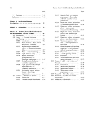 (vi) Human Factors Guidelines for Safety Audits Manual
Page Page
7.7 Summary . . . . . . . . . . . . . . . . . . . . . . . . . 7-10
References. . . . . . . . . . . . . . . . . . . . . . . . . . . . . . 7-10
Chapter 8. Accident and incident
investigation . . . . . . . . . . . . . . . . . . . . . . . . . . . . . . . 8-1
Chapter 9. Aerodromes . . . . . . . . . . . . . . . . . . . . 9-1
Chapter 10. Auditing Human Factors Standards
and Recommended Practices (SARPs). . . . . . . . . 10-1
10.1 Introduction . . . . . . . . . . . . . . . . . . . . . . . 10-1
10.2 Annex 1 — Personnel Licencing
and Training . . . . . . . . . . . . . . . . . . . . . . . 10-3
10.2.1 Introduction. . . . . . . . . . . . . . . . 10-3
10.2.2 Pilots’ licences — Basic human
performance knowledge . . . . . . 10-4
10.2.3 Airline transport pilot licence
(ATPL) — Human performance
skills . . . . . . . . . . . . . . . . . . . . . 10-7
10.2.4 Pilots — Instrument rating. . . . 10-8
10.2.5 Flight instructor rating . . . . . . . 10-9
10.2.6 Aircraft maintenance
technician licence —
Knowledge requirement . . . . . . 10-10
10.2.7 Air traffic controller licence —
knowledge requirement. . . . . . . 10-11
10.2.8 Flight operations officer/flight
dispatcher licence —
knowledge requirement. . . . . . . 10-13
10.2.9 Aeronautical stations operator
licence — knowledge
requirement . . . . . . . . . . . . . . . . 10-14
10.3 Annex 6 — Operation of Aircraft. . . . . . 10-15
10.3.1 Introduction . . . . . . . . . . . . . . . 10-15
10.3.2 Operator training programmes . 10-16
10.3.3 Operator flight crew training
programmes — Knowledge
and skills related to human
performance . . . . . . . . . . . . . . . 10-17
10.3.4 Flight crew training programmes
— Human performance skills . 10-18
10.3.5 Flight crew training programmes
pilots — crew resource
management (CRM) training . . 10-20
10.3.6 Flight crew training programmes
pilots — line oriented flight
training . . . . . . . . . . . . . . . . . . . 10-23
10.3.7 Flight crew training programmes
pilots — use of automation . . . 10-24
10.3.8 Training programmes cabin
crew — human performance
knowledge. . . . . . . . . . . . . . . . . 10-26
10.3.9 Flight operations officers/flight
dispatchers — knowledge and
skills in human performance . . 10-28
10.3.10 Documents . . . . . . . . . . . . . . . . 10-29
10.3.11 Aircraft operating manuals. . . . 10-31
10.3.12 Checklists . . . . . . . . . . . . . . . . . 10-32
10.3.13 Accident prevention and flight
safety programme . . . . . . . . . . . 10-33
10.4 Annexes 6 and 8 — Airworthiness of
Aircraft. . . . . . . . . . . . . . . . . . . . . . . . . . . 10-35
10.4.1 Introduction. . . . . . . . . . . . . . . . 10-35
10.4.2 Maintenance programme . . . . . 10-36
10.4.3 Maintenance manuals . . . . . . . . 10-37
10.4.4 Maintenance training
programmes . . . . . . . . . . . . . . . 10-39
10.5 Annex 11 — Air traffic services. . . . . . . 10-40
10.6 Annex 13 — Accident and incident
investigation . . . . . . . . . . . . . . . . . . . . . . . 10-40
10.7 Annex 14 — Aerodromes . . . . . . . . . . . . 10-40
 