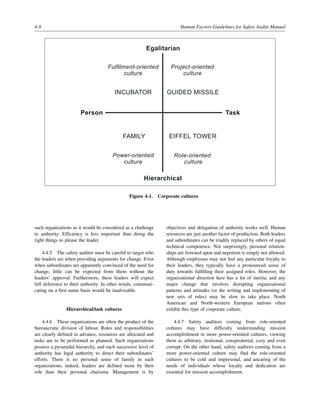 4-8 Human Factors Guidelines for Safety Audits Manual
such organizations as it would be considered as a challenge
to authority. Efficiency is less important than doing the
right things to please the leader.
4.4.5 The safety auditor must be careful to target who
the leaders are when providing arguments for change. Even
when subordinates are apparently convinced of the need for
change, little can be expected from them without the
leaders’ approval. Furthermore, these leaders will expect
full deference to their authority. In other words, communi-
cating on a first name basis would be inadvisable.
Hierarchical/task cultures
4.4.6 These organizations are often the product of the
bureaucratic division of labour. Roles and responsibilities
are clearly defined in advance, resources are allocated and
tasks are to be performed as planned. Such organizations
possess a pyramidal hierarchy, and each successive level of
authority has legal authority to direct their subordinates’
efforts. There is no personal sense of family in such
organizations; indeed, leaders are defined more by their
role than their personal charisma. Management is by
objectives and delegation of authority works well. Human
resources are just another factor of production. Both leaders
and subordinates can be readily replaced by others of equal
technical competence. Not surprisingly, personal relation-
ships are frowned upon and nepotism is simply not allowed.
Although employees may not feel any particular loyalty to
their leaders, they typically have a pronounced sense of
duty towards fulfilling their assigned roles. However, the
organizational direction here has a lot of inertia, and any
major change that involves disrupting organizational
patterns and attitudes (or the writing and implementing of
new sets of rules) may be slow to take place. North
American and North-western European nations often
exhibit this type of corporate culture.
4.4.7 Safety auditors coming from role-oriented
cultures may have difficulty understanding mission
accomplishment in more power-oriented cultures, viewing
them as arbitrary, irrational, conspiratorial, cozy and even
corrupt. On the other hand, safety auditors coming from a
more power-oriented culture may find the role-oriented
cultures to be cold and impersonal, and uncaring of the
needs of individuals whose loyalty and dedication are
essential for mission accomplishment.
Figure 4-1. Corporate cultures
Egalitarian
Person Task
Hierarchical
Fulfilment-oriented
culture
Project-oriented
culture
Power-oriented
culture
Role-oriented
culture
INCUBATOR GUIDED MISSILE
FAMILY EIFFEL TOWER
 