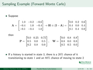Sampling Example (Forward Monte Carlo)
Suppose
A =


1.0 −0.2 −0.6
−0.4 1.0 −0.4
−0.1 −0.4 1.0

 → H ≡ (I − A) =


0.0 0.2 0.6
0.4 0.0 0.4
0.1 0.4 0.0


then
P =


0.0 0.25 0.75
0.5 0.0 0.5
0.2 0.8 0.0

 , W =


0.0 0.8 0.8
0.8 0.0 0.8
0.5 0.5 0.0


If a history is started in state 3, there is a 20% chance of it
transitioning to state 1 and an 80% chance of moving to state 2
Slattery, Hamilton, Evans (ORNL) Parallel Monte Carlo Solvers 3/17/15 8 / 22
 