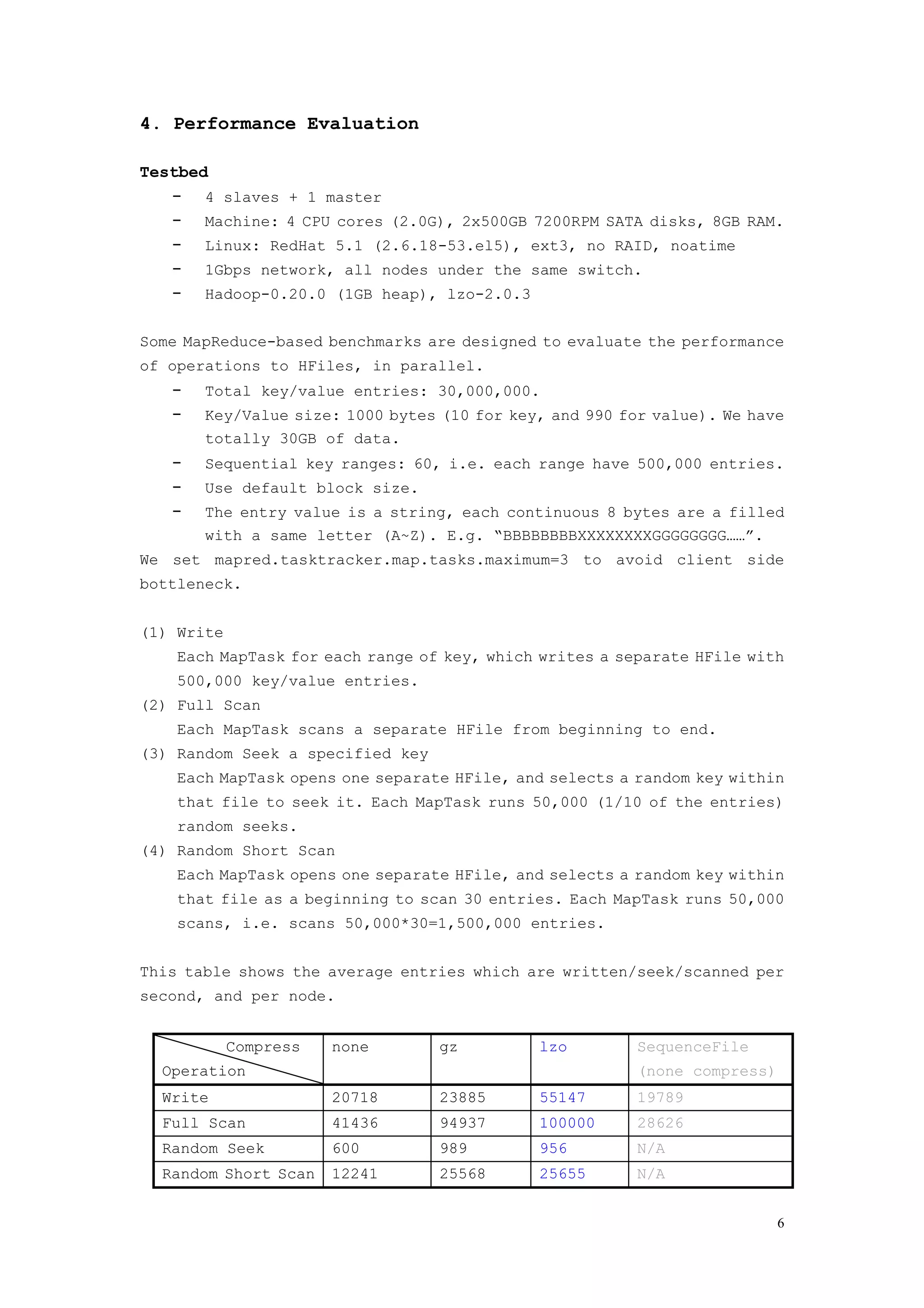 4. Performance Evaluation

Testbed
   −   4 slaves + 1 master
   −   Machine: 4 CPU cores (2.0G), 2x500GB 7200RPM SATA disks, 8GB RAM.
   −   Linux: RedHat 5.1 (2.6.18-53.el5), ext3, no RAID, noatime
   −   1Gbps network, all nodes under the same switch.
   −   Hadoop-0.20.0 (1GB heap), lzo-2.0.3


Some MapReduce-based benchmarks are designed to evaluate the performance
of operations to HFiles, in parallel.
   −   Total key/value entries: 30,000,000.
   −   Key/Value size: 1000 bytes (10 for key, and 990 for value). We have
       totally 30GB of data.
   −   Sequential key ranges: 60, i.e. each range have 500,000 entries.
   −   Use default block size.
   −   The entry value is a string, each continuous 8 bytes are a filled
       with a same letter (A~Z). E.g. “BBBBBBBBXXXXXXXXGGGGGGGG……”.
We set mapred.tasktracker.map.tasks.maximum=3 to avoid client side
bottleneck.


(1) Write
    Each MapTask for each range of key, which writes a separate HFile with
    500,000 key/value entries.
(2) Full Scan
    Each MapTask scans a separate HFile from beginning to end.
(3) Random Seek a specified key
    Each MapTask opens one separate HFile, and selects a random key within
    that file to seek it. Each MapTask runs 50,000 (1/10 of the entries)
    random seeks.
(4) Random Short Scan
    Each MapTask opens one separate HFile, and selects a random key within
    that file as a beginning to scan 30 entries. Each MapTask runs 50,000
    scans, i.e. scans 50,000*30=1,500,000 entries.


This table shows the average entries which are written/seek/scanned per
second, and per node.


            Compress   none       gz         lzo         SequenceFile
  Operation                                              (none compress)
  Write                20718      23885      55147       19789
  Full Scan            41436      94937      100000      28626
  Random Seek          600        989        956         N/A
  Random Short Scan    12241      25568      25655       N/A


                                                                           6
 