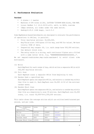 4. Performance Evaluation

Testbed
   −   4 slaves + 1 master
   −   Machine: 4 CPU cores (2.0G), 2x500GB 7200RPM SATA disks, 8GB RAM.
   −   Linux: RedHat 5.1 (2.6.18-53.el5), ext3, no RAID, noatime
   −   1Gbps network, all nodes under the same switch.
   −   Hadoop-0.20.0 (1GB heap), lzo-2.0.3


Some MapReduce-based benchmarks are designed to evaluate the performance
of operations to HFiles, in parallel.
   −   Total key/value entries: 30,000,000.
   −   Key/Value size: 1000 bytes (10 for key, and 990 for value). We have
       totally 30GB of data.
   −   Sequential key ranges: 60, i.e. each range have 500,000 entries.
   −   Use default block size.
   −   The entry value is a string, each continuous 8 bytes are a filled
       with a same letter (A~Z). E.g. “BBBBBBBBXXXXXXXXGGGGGGGG……”.
We set mapred.tasktracker.map.tasks.maximum=3 to avoid client side
bottleneck.


(1) Write
    Each MapTask for each range of key, which writes a separate HFile with
    500,000 key/value entries.
(2) Full Scan
    Each MapTask scans a separate HFile from beginning to end.
(3) Random Seek a specified key
    Each MapTask opens one separate HFile, and selects a random key within
    that file to seek it. Each MapTask runs 50,000 (1/10 of the entries)
    random seeks.
(4) Random Short Scan
    Each MapTask opens one separate HFile, and selects a random key within
    that file as a beginning to scan 30 entries. Each MapTask runs 50,000
    scans, i.e. scans 50,000*30=1,500,000 entries.


This table shows the average entries which are written/seek/scanned per
second, and per node.


            Compress   none       gz         lzo         SequenceFile
  Operation                                              (none compress)
  Write                20718      23885      55147       19789
  Full Scan            41436      94937      100000      28626
  Random Seek          600        989        956         N/A
  Random Short Scan    12241      25568      25655       N/A


                                                                           6
 