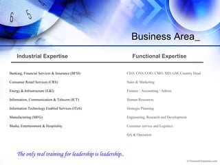 Business Area
Banking, Financial Services & Insurance (BFSI)
Consumer Retail Services (CRS)
Energy & Infrastructure (E&I)
Information, Communication & Telecom (ICT)
Information Technology Enabled Services (ITeS)
Manufacturing (MFG)
Media, Entertainment & Hospitality
Industrial Expertise
CEO, CFO, COO, CMO, MD, GM, Country Head
Sales & Marketing
Finance / Accounting / Admin
Human Resources
Strategic Planning
Engineering, Research and Development
Customer service and Logistics
QA & Operation
Functional Expertise
The only real training for leadership is leadership..
 