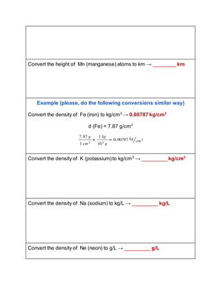 Convert the height of Mn (manganese) atoms to km → ________km
Example (please, do the following conversions similar way)
Convert the density of Fe (iron) to kg/cm3
→ 0.00787 kg/cm3
d (Fe) = 7.87 g/cm3
Convert the density of K (potassium)to kg/cm3
→ _________kg/cm3
Convert the density of Na (sodium) to kg/L → _________ kg/L
Convert the density of Ne (neon) to g/L → _________ g/L