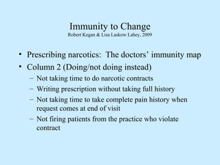 Immunity to Change
Robert Kegan & Lisa Laskow Lahey, 2009
• Prescribing narcotics: The doctors’ immunity map
• Column 2 (D...