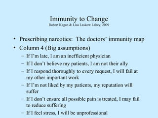 Immunity to Change
Robert Kegan & Lisa Laskow Lahey, 2009
• Prescribing narcotics: The doctors’ immunity map
• Column 4 (B...