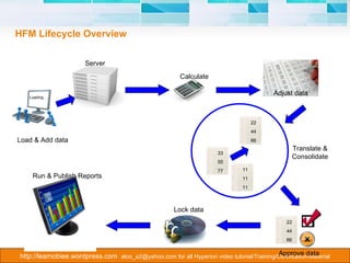 HFM Lifecycle Overview Server Calculate Adjust data Translate & Consolidate Lock data Approve data Load & Add data Run & Publish Reports Loading … 33 55 77 22 44 66 11 11 11 22 44 66 