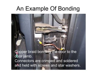 An Example Of Bonding Copper braid bonding the door to the door jamb. Connectors are crimped and soldered and held with sc...