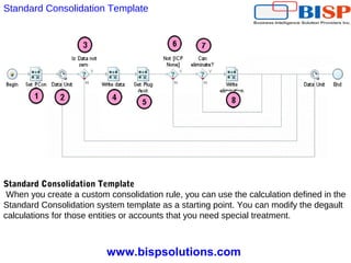 www.bispsolutions.com
Standard Consolidation Template
Standard Consolidation Template
When you create a custom consolidation rule, you can use the calculation defined in the
Standard Consolidation system template as a starting point. You can modify the degault
calculations for those entities or accounts that you need special treatment.
 