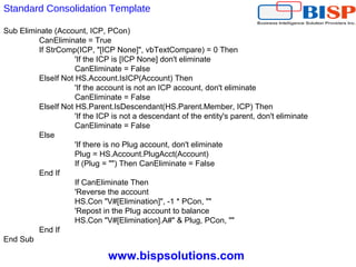 www.bispsolutions.com
Standard Consolidation Template
Sub Eliminate (Account, ICP, PCon)
CanEliminate = True
If StrComp(ICP, "[ICP None]", vbTextCompare) = 0 Then
'If the ICP is [ICP None] don't eliminate
CanEliminate = False
ElseIf Not HS.Account.IsICP(Account) Then
'If the account is not an ICP account, don't eliminate
CanEliminate = False
ElseIf Not HS.Parent.IsDescendant(HS.Parent.Member, ICP) Then
'If the ICP is not a descendant of the entity's parent, don't eliminate
CanEliminate = False
Else
'If there is no Plug account, don't eliminate
Plug = HS.Account.PlugAcct(Account)
If (Plug = "") Then CanEliminate = False
End If
If CanEliminate Then
'Reverse the account
HS.Con "V#[Elimination]", -1 * PCon, ""
'Repost in the Plug account to balance
HS.Con "V#[Elimination].A#" & Plug, PCon, ""
End If
End Sub
 