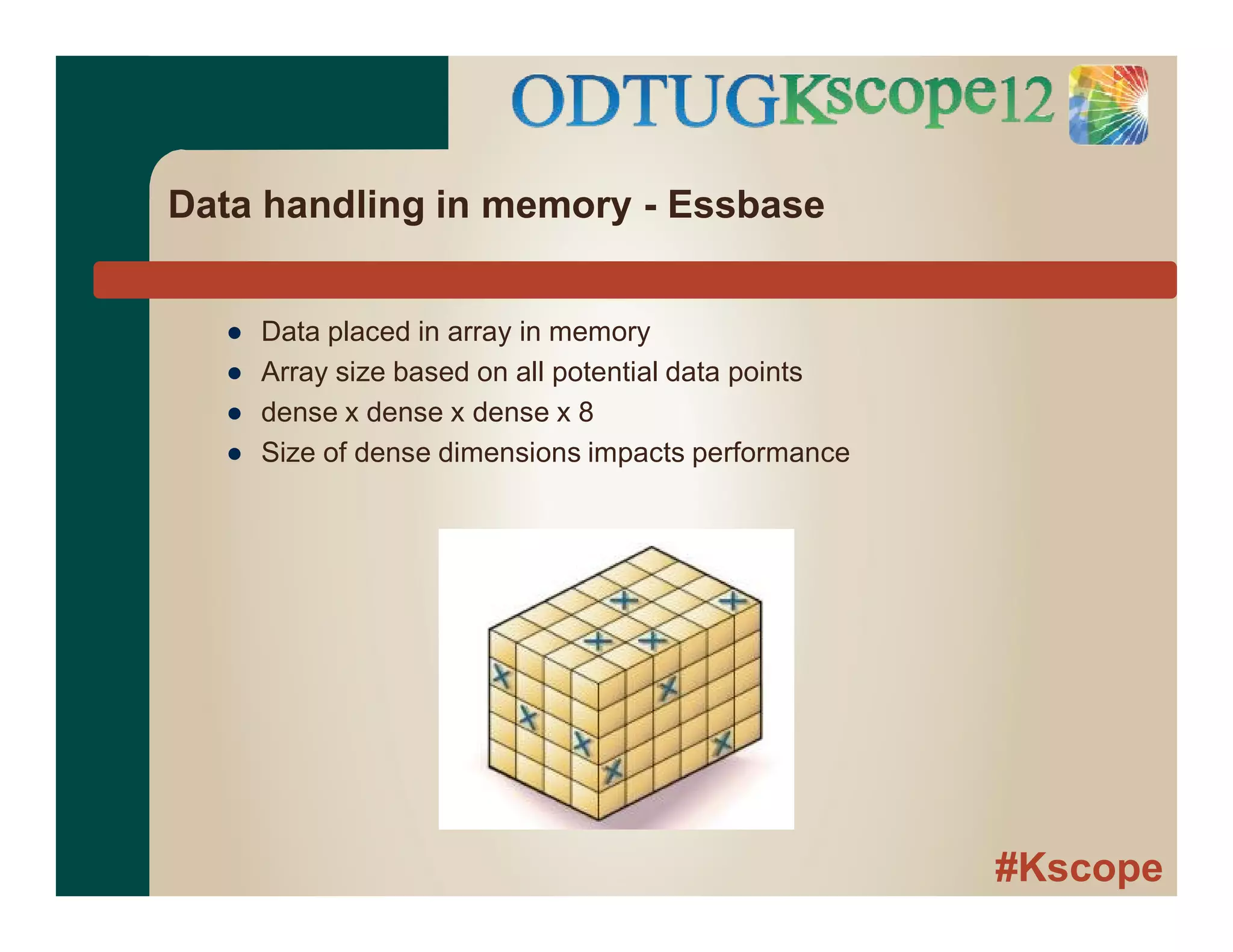 #Kscope
Data handling in memory - Essbase
● Data placed in array in memory
● Array size based on all potential data points
● dense x dense x dense x 8
● Size of dense dimensions impacts performance
 