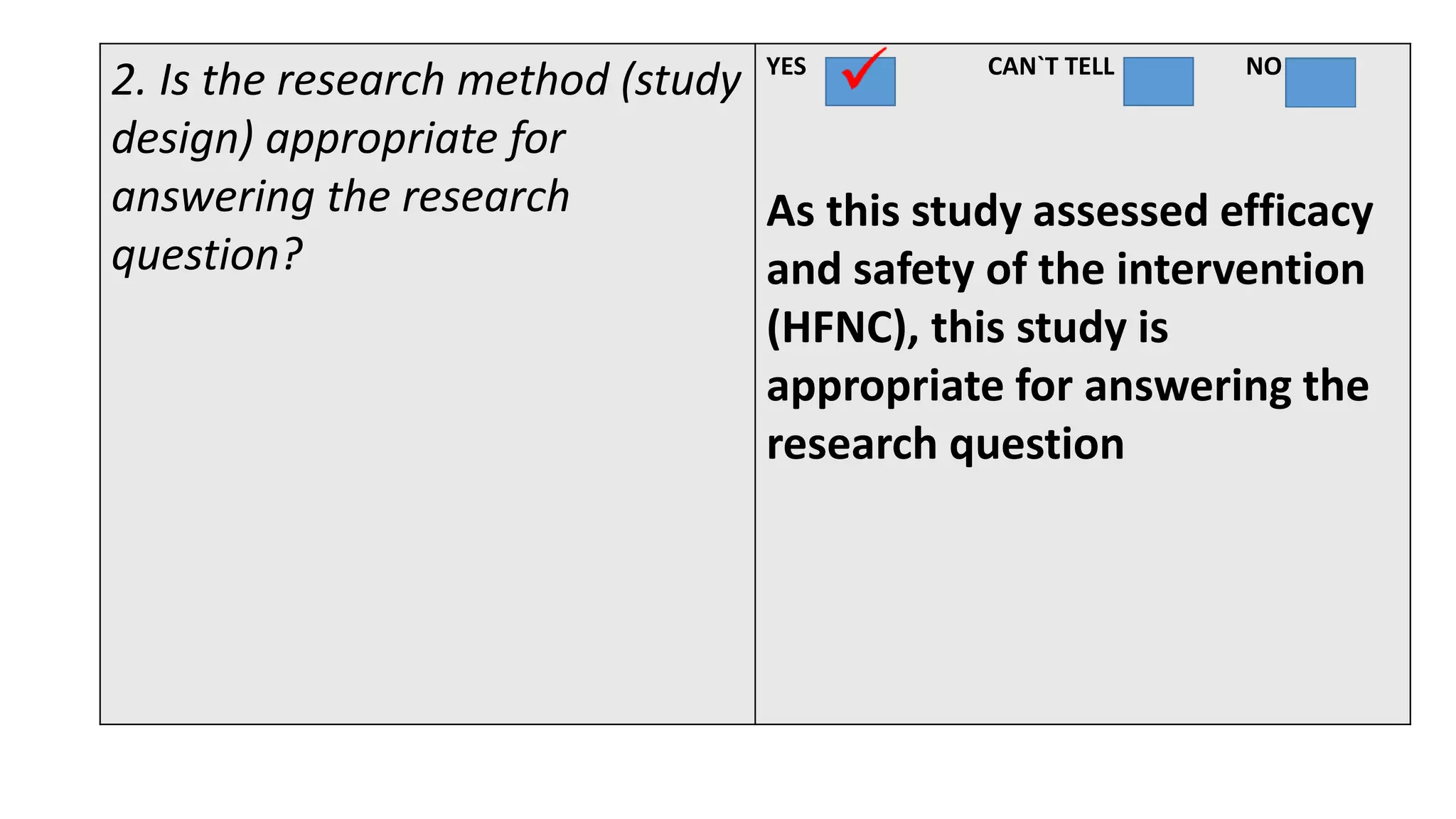 2. Is the research method (study
design) appropriate for
answering the research
question?
YES CAN`T TELL NO
As this study assessed efficacy
and safety of the intervention
(HFNC), this study is
appropriate for answering the
research question
 
