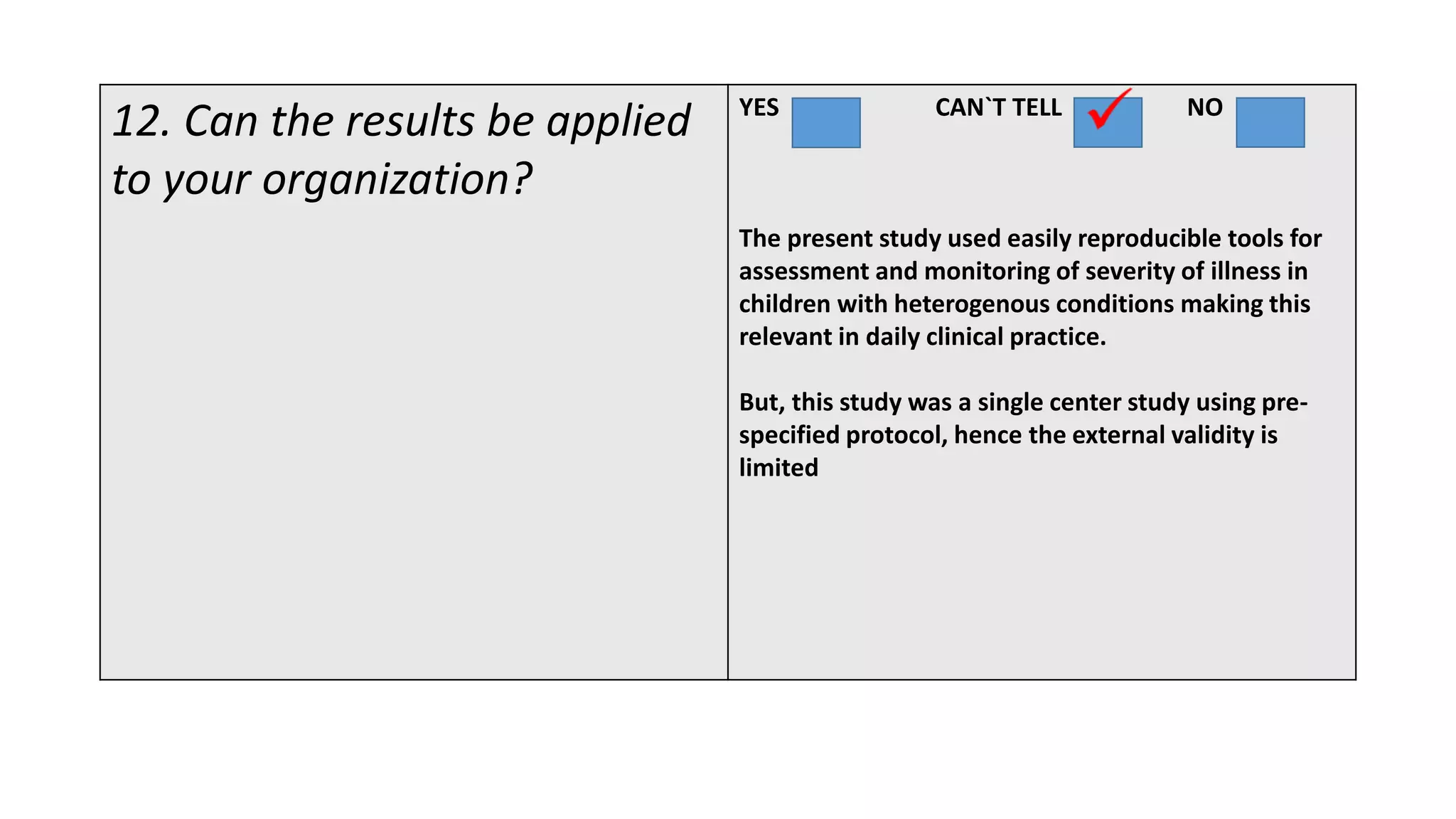 12. Can the results be applied
to your organization?
YES CAN`T TELL NO
The present study used easily reproducible tools for
assessment and monitoring of severity of illness in
children with heterogenous conditions making this
relevant in daily clinical practice.
But, this study was a single center study using pre-
specified protocol, hence the external validity is
limited
 