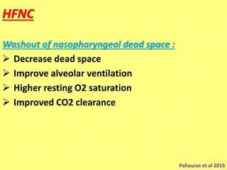 HFNC
Washout of nasopharyngeal dead space :
 Decrease dead space
 Improve alveolar ventilation
 Higher resting O2 saturation
 Improved CO2 clearance
Paliouras et al 2016
 