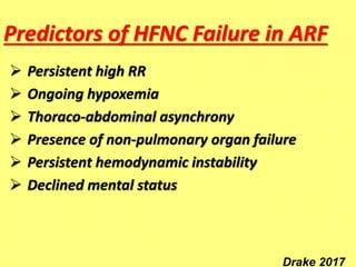 Predictors of HFNC Failure in ARF
 Persistent high RR
 Ongoing hypoxemia
 Thoraco-abdominal asynchrony
 Presence of non-pulmonary organ failure
 Persistent hemodynamic instability
 Declined mental status
Drake 2017
 