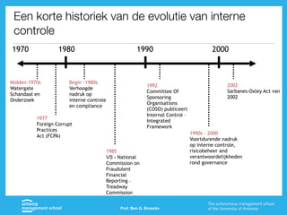 Prof. Ben G. Broeckx
Een korte historiek van de evolutie van interne
controle
Midden-1970s
Watergate
Schandaal en
Onderzoek
1977
Foreign Corrupt
Practices
Act (FCPA)
Begin -1980s
Verhoogde
nadruk op
interne controle
en compliance
1985
VS - National
Commission on
Fraudulent
Financial
Reporting –
Treadway
Commission
1992
Committee Of
Sponsoring
Organisations
(COSO) publiceert
Internal Control –
Integrated
Framework
1990s – 2000
Voortdurende nadruk
op interne controle,
risicobeheer and
verantwoordelijkheden
rond governance
1980
1970 1990 2000
2002
Sarbanes-Oxley Act van
2002
 