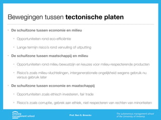 Bewegingen tussen tectonische platen
• De schuifzone tussen economie en milieu
• Opportuniteiten rond eco-efficiëntie
• Lange termijn risico’s rond vervuiling of uitputting
• De schuifzone tussen maatschappij en milieu
• Opportuniteiten rond milieu bewustzijn en keuzes voor milieu-respecterende producten
• Risico’s zoals milieu-vluchtelingen, intergenerationele ongelijkheid wegens gebruik nu
versus gebruik later
• De schuifzone tussen economie en maatschappij
• Opportuniteiten zoals ethisch investeren, fair trade
• Risico’s zoals corruptie, gebrek aan ethiek, niet respecteren van rechten van minoriteiten
Prof. Ben G. Broeckx
 