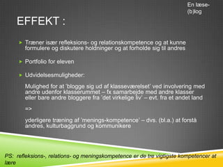 En læse-
                                                                          (b)log

    EFFEKT :
      Træner især refleksions- og relationskompetence og at kunne
        formulere og diskutere holdninger og at forholde sig til andres

      Portfolio for eleven

      Udvidelsesmuligheder:

        Mulighed for at ’blogge sig ud af klasseværelset’ ved involvering med
        andre udenfor klasserummet – fx samarbejde med andre klasser
        eller bare andre bloggere fra ’det virkelige liv’ – evt. fra et andet land
        =>
        yderligere træning af ’menings-kompetence’ – dvs. (bl.a.) at forstå
        andres, kulturbaggrund og kommunikere




PS: refleksions-, relations- og meningskompetence er de tre vigtigste kompetencer at
lære
 