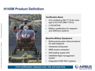 EVOS/ChristianFANCHINI/HForce2016/1,v.0//21/06/2016©AirbusHelicoptersrightsreserved
H145M Product Definition
Certification Basis
• Civil certified as BK117 D-2m (sub-
type to EC145T2/BK117D-2)
• 3,700 MTOW
• Military qualification for weapons
and defensive systems
Civil certification reduced cost, risk and lead time
Baseline Military Equipment
• Multi-purpose pylon fixed provisions
for axial weapons
• Hardened windscreen
• MRB erosion protection
• Self-sealing supply tank
• CMA9000 flight management
system
• Integrated COM/ NAV systems
 