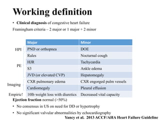 Working definition
• Clinical diagnosis of congestive heart failure
Framingham criteria – 2 major or 1 major + 2 minor
Ejection fraction normal (>50%)
• No consensus in US on need for DD or hypertrophy
• No significant valvular abnormalities by echocardiography
Major Minor
PND or orthopnea DOE
Rales Nocturnal cough
HJR Tachycardia
S3 Ankle edema
JVD (or elevated CVP) Hepatomegaly
CXR pulmonary edema CXR engorged pulm vessels
Cardiomegaly Pleural effusion
10lb weight loss with diuretics Decreased vital capacity
HPI
PE
Imaging
Empiric!
Yancy et al. 2013 ACCF/AHA Heart Failure Guideline
 