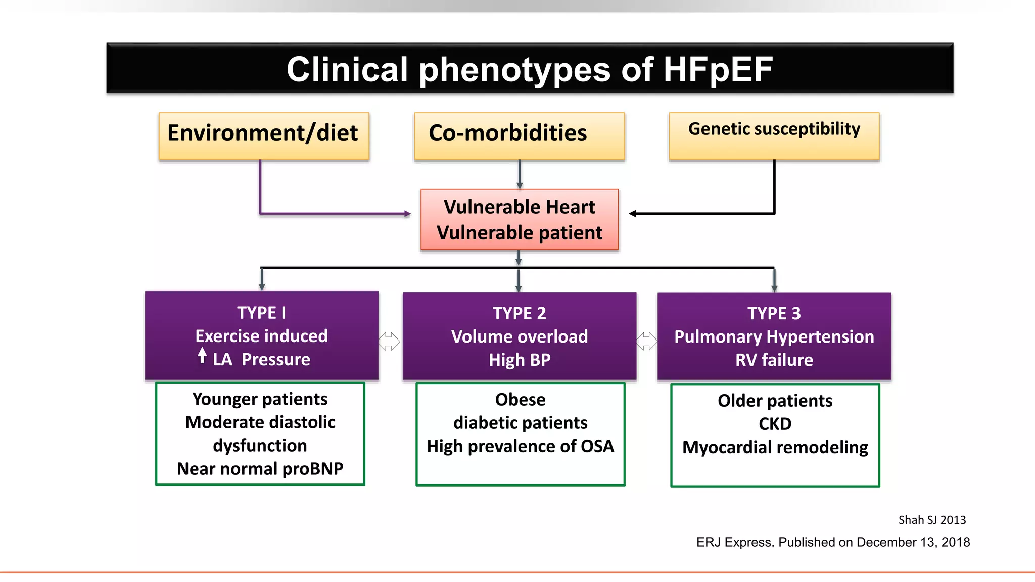 Clinical phenotypes of HFpEF
Co-morbidities
Environment/diet Genetic susceptibility
Vulnerable Heart
Vulnerable patient
Shah SJ 2013
TYPE I
Exercise induced
LA Pressure
TYPE 3
Pulmonary Hypertension
RV failure
TYPE 2
Volume overload
High BP
Younger patients
Moderate diastolic
dysfunction
Near normal proBNP
Obese
diabetic patients
High prevalence of OSA
Older patients
CKD
Myocardial remodeling
ERJ Express. Published on December 13, 2018
 