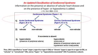 An Updated Classification of Cardiorenal Syndrome
information on the presence or absence of valvular heart disease and
on the presence of hyper- or hypovolemia is added.
J. Clin. Med. 2022, 11(10)
Thus, CRS is specified as “acute” (type-I, type-III or type-V CRS) or “chronic” (type-II, type-IV or type-V) CRS, as
“valvular” or “nonvalvular” CRS, and as “hyper-” or “hypovolemia-associated” CRS if euvolemia is absent.
 