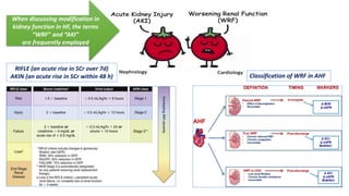 Classification of WRF in AHF
RIFLE (an acute rise in SCr over 7d)
AKIN (an acute rise in SCr within 48 h)
When discussing modification in
kidney function in HF, the terms
“WRF” and “AKI”
are frequently employed
 