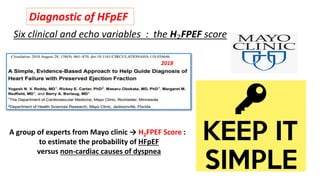 Diagnostic of HFpEF
A group of experts from Mayo clinic → H2FPEF Score :
to estimate the probability of HFpEF
versus non-cardiac causes of dyspnea
Six clinical and echo variables : the H₂FPEF score
2018
 