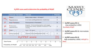  H2FPEF score of 0–1:
Low probability (<20%)
→unlikely HFpEF
 H2FPEF score of 2–5: Intermediate
probability
 H2FPEF score of 6–9:
High probability (>90%) →HFpEF is
likely
H2FPEF score used to determine the probability of HFpEF
 