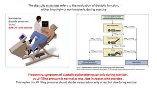 Noninvasive
diastolic stress test
“echo”
Add E/e’ with exercise
The diastolic stress test refers to the evaluation of diastolic function,
either invasively or noninvasively, during exercise
Frequently, symptoms of diastolic dysfunction occur only during exercise ,
as LV filling pressure is normal at rest , but increases with exercise .
This implies that LV filling pressures should also be measured not only at rest but also during exercise.
 
