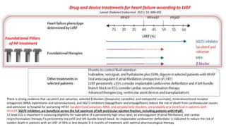 Drug and device treatments for heart failure according to LVEF
Lancet Diabetes Endocrinol. 2022; 10: 689-691
There is strong evidence that sacubitril and valsartan, selected β blockers (bisoprolol, carvedilol, and metoprolol succinate), mineralocorticoid receptor
antagonists (MRA; eplerenone and spironolactone), and SGLT2 inhibitors (dapagliflozin and empagliflozin) reduce the risk of death from cardiovascular causes
and admission to hospital for worsening HFrEF. Sacubitril and valsartan, MRA, and possibly beta-blockers, are probably also beneficial in patients with
HFmrEF. SGLT2 inhibitors are beneficial across the full spectrum of left ventricular ejection fraction, including patients with HFpEF.
12-lead ECG is important in assessing eligibility for ivabradine (if a persistently high sinus rate), an anticoagulant (if atrial fibrillation), and cardiac
resynchronisation therapy if a persistently low LVEF and left bundle branch block. An implantable cardioverter defibrillator is indicated to reduce the risk of
sudden death in patients with an LVEF of 35% or less despite 3–6 months of treatment with optimal pharmacological therapy.
Foundational Pillars
of HF treatment
 