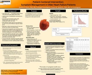 Patient‐Centered Intervention: 
                                                               Symptom Management in Older Heart Failure Patients
                                                        Sandra K Plach, PhD, RN, Principal Investigator; Susan M. Heidrich, PhD, RN, Co‐Investigator

                          Background                                               Purpose                                                                Sample                                          Preliminary Results
     • Heart failure (HF) - an escalating health problem           The overall goal of this study is to develop and                    Sample
       that disproportionately affects older adults                test a theoretically‐based nursing intervention                     • Target Sample Size: N=60
     • Leading cause of hospitalization among persons              (HEART‐IRIS) to improve symptom self‐
                                                                   management in older patients with HF                                • Recruitment: flyers/posters - physician
       > 65 years                                                                                                                        offices, community centers & newsletters
     • Associated with diminished quality of life,                                                                                     • Current enrollment: n=31
       frequent health care encounters, and
       considerable health care costs                                                                                                  Current Demographics
                                                                                                                                       Gender: Male (n=16), Female (n=15)
     • More Medicare dollars spent for the treatment of
       HF than for any other Medicare diagnosis-related
       group
     • More than 5 million Americans have HF and over                Primary Aims
       500,000 new cases are reported yearly                         • Refine a manualized protocol
     • Improvement of recognition and monitoring of HF                 for HEART-IRIS
       symptoms and initiation of self-management when               • Test the feasibility of HEART-IRIS
       symptoms worsen can prevent hospitalizations,
                                                                     • Examine the short-term effects
       minimize complications, and maintain life quality
                                                                       of the intervention on symptom
     • A gap exists between information given to patients              distress, symptom management,
       with HF and their understanding and management                  quality of life, and health care
       of symptoms, resulting in help-seeking delay,                   utilization
       particularly among older adults
                                                                     Secondary Aims
     • It may be that older individuals incorrectly interpret
                                                                     • Explore beliefs about HF
       symptoms of HF as normal age-related symptoms
                                                                       symptoms and barriers to self care
       or as symptoms of other coexisting health conditions
                                                                       of symptoms in older adults                                                                                 FLEURTY01




                                                                     • Determine the cost related to
                                                                       implementation of HEART-IRIS                       HEART‐IRIS Intervention
     Theoretical Framework                                                                                                • An individualized psychoeducational teaching

        Representational Approach to Patient Education 
                                                                                 Method                                     program for symptom management in older
                                                                                                                            patients with HF
        (Donovan & Ward, 2001)
                                                                   Design                                                 • Consists of counseling interview conducted by
        •  Focuses on assessing an individual’s                    •  16‐week, two‐group repeated‐measures                   masters-prepared RN
            representations (beliefs) of symptoms in order to          with a wait‐list control group                     • Steps of the Intervention
            identify and replace beliefs that interfere with                                                                  - Assessment of subject's representations/
            eﬀective/appropriate symptom self‐management           •  Random assignment to group 
                                                                                                                                beliefs of symptoms                                                            Conclusion
                                                                   •  Symptom distress assessed at baseline,                  - Discussion of effect of beliefs on ability to
        •  Underpinnings
                                                                       at 2, 4, 6 weeks, at the end of the                      manage symptom and to enjoy life
               ‐ Common sense model (CSM) of illness 
                                                                       intervention (8 weeks), and at follow‐up               - Discussion of symptom management (SM)                          This study focuses on symptom self‐management of 
                  representations (Leventhal & Diefenbach,1991;                                                                                                                                a chronic health condition (HF) in a population that is 
                   Leventhal, Meyer, & Nerenz, 1980)                   (4 months after baseline)                              - SM plan created by nurse and subject
                                                                                                                                                                                               highly vulnerable for multiple chronic health 
                                                                   •  Wait‐list control subjects oﬀered the                   - Plan written, copy sent to subject, copy                       conditions, symptom management diﬃculties, 
               ‐ Conceptual change theory                                                                                       retained by nurse                                              diminished quality of life, and increased health care 
                                                                       intervention after the 4‐month follow‐up 
        •  IRIS – Individualized Representational Intervention                                                                - Telephone reinforcement sessions                               utilization. 
                                                                   assessment                                                       • Biweekly for 8 weeks
            for Symptoms (Heidrich, Egan, & Brown, 2006)                                                                                                                                       By addressing the correct interpretation of 
                                                                                                                                                                                               symptoms, which will improve self‐management 
                                                                                                                                                                                               strategies in response to symptoms, the HEART‐IRIS 
                                                                                                                                                                                               intervention has potential to reduce symptom 
                                                                                                           This study is in‐progress (2008‐2011)                                               distress, improve quality of life, prevent HF 
                                                                                                        The project is funded by a grant from the National Institutes of Health,
                                                                                                                                                                                               exacerbations and hospitalizations in older adults 
                                                                                                                                                                                               with HF, and decrease subsequent costs of care. 
                                                                                                              National Institute of Nursing Research, 1P20NR010674‐01
SURF Awardee:   Jacque Conarchy, BSN , BS,MGT 
                                                                                                  Dr. Sandra K. Plach is a Center Scientist with the Self‐Management Science Center,
College of Nursing‐ Graduate Student                                                                            College of Nursing, University of Wisconsin‐Milwaukee
    Faculty Mentor:    Sandra K Plach, PhD, RN
                                                                                                                                 www.nursing.uwm.edu   
 