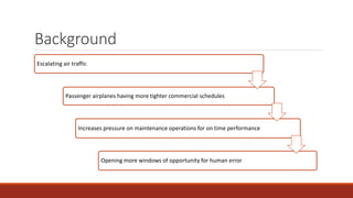 Background
Escalating air traffic
Passenger airplanes having more tighter commercial schedules
Increases pressure on maintenance operations for on time performance
Opening more windows of opportunity for human error
 