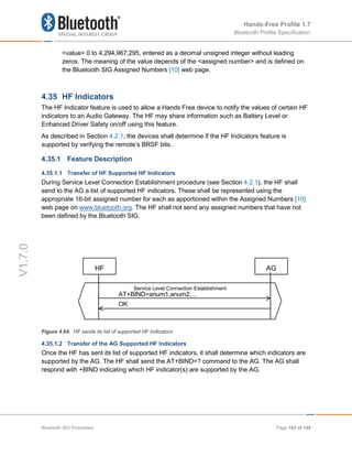 Hands-Free Profile 1.7
Bluetooth Profile Specification
V1.7.0
<value> 0 to 4,294,967,295, entered as a decimal unsigned integer without leading
zeros. The meaning of the value depends of the <assigned number> and is defined on
the Bluetooth SIG Assigned Numbers [10] web page.
4.35 HF Indicators
The HF Indicator feature is used to allow a Hands Free device to notify the values of certain HF
indicators to an Audio Gateway. The HF may share information such as Battery Level or
Enhanced Driver Safety on/off using this feature.
As described in Section 4.2.1, the devices shall determine if the HF Indicators feature is
supported by verifying the remote’s BRSF bits.
4.35.1 Feature Description
4.35.1.1 Transfer of HF Supported HF Indicators
During Service Level Connection Establishment procedure (see Section 4.2.1), the HF shall
send to the AG a list of supported HF indicators. These shall be represented using the
appropriate 16-bit assigned number for each as apportioned within the Assigned Numbers [10]
web page on www.bluetooth.org. The HF shall not send any assigned numbers that have not
been defined by the Bluetooth SIG.
Figure 4.64: HF sends its list of supported HF Indicators
4.35.1.2 Transfer of the AG Supported HF Indicators
Once the HF has sent its list of supported HF indicators, it shall determine which indicators are
supported by the AG. The HF shall send the AT+BIND=? command to the AG. The AG shall
respond with +BIND indicating which HF indicator(s) are supported by the AG.
Service Level Connection Establishment
OK
AG
HF
AT+BIND=anum1,anum2,…
Bluetooth SIG Proprietary Page 103 of 144
 