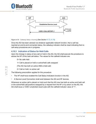 Hands-Free Profile 1.7
Bluetooth Profile Specification
V1.7.0
Figure 4.15: Callsetup Status: Incoming (See Section 4.13, 4.14)
Once the AG has been advised via whatever applicable network function, that a call has
reached an end-to-end connected status, the callsetup indicator shall be reset indicating that no
call setup procedures are in progress.
4.10.3 Indication of Status for Held Calls
Upon the change in status of any call on hold in the AG, the AG shall execute this procedure to
advise the HF of the held call status. The values for the callheld indicator are:
0= No calls held
1= Call is placed on hold or active/held calls swapped
(The AG has both an active AND a held call)
2= Call on hold, no active call
The following precondition applies for this procedure:
• The HF shall have enabled the Call Status Indicators function in the AG.
• A Service Level Connection shall exist between the AG and HF devices.
Whenever an active call is placed on hold such that the AG now has both an active and held call
or the active/held call positions swapped by a request from the HF or by action on the AG, the
AG shall issue a +CIEV unsolicited result code with the callheld indicator value of “1”.
HF AG
Established Service Level
+CIEV:<CALLSETUP>,1
Network event
to signal
incoming call
Bluetooth SIG Proprietary Page 37 of 144
 