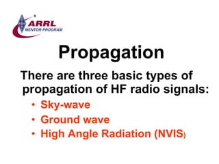 Propagation <ul><li>There are three basic types of propagation of HF radio signals: </li></ul><ul><ul><ul><li>Sky-wave </l...
