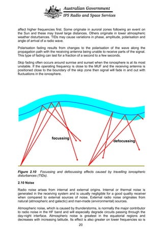 affect higher frequencies first. Some originate in auroral zones following an event on
the Sun and these may travel large distances. Others originate in lower atmospheric
weather disturbances. TIDs may cause variations in phase, amplitude, polarisation and
angle of arrival of a radio wave.
Polarisation fading results from changes to the polarisation of the wave along the
propagation path with the receiving antenna being unable to receive parts of the signal.
This type of fading can last for a fraction of a second to a few seconds.
Skip fading often occurs around sunrise and sunset when the ionosphere is at its most
unstable. If the operating frequency is close to the MUF and the receiving antenna is
positioned close to the boundary of the skip zone then signal will fade in and out with
fluctuations in the ionosphere.
focussing
defocussing
focussing
defocussing
Figure 2.10 Focussing and defocussing effects caused by travelling ionospheric
disturbances (TIDs).
2.10 Noise
Radio noise arises from internal and external origins. Internal or thermal noise is
generated in the receiving system and is usually negligible for a good quality receiver
when compared to external sources of noise. External radio noise originates from
natural (atmospheric and galactic) and man-made (environmental) sources.
Atmospheric noise, which is caused by thunderstorms, is normally the major contributor
to radio noise in the HF band and will especially degrade circuits passing through the
day-night interface. Atmospheric noise is greatest in the equatorial regions and
decreases with increasing latitude. Its effect is also greater on lower frequencies so is
20
 