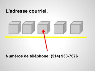 L'adresse courriel. 
Numéros de téléphone: (514) 933-7676 
 